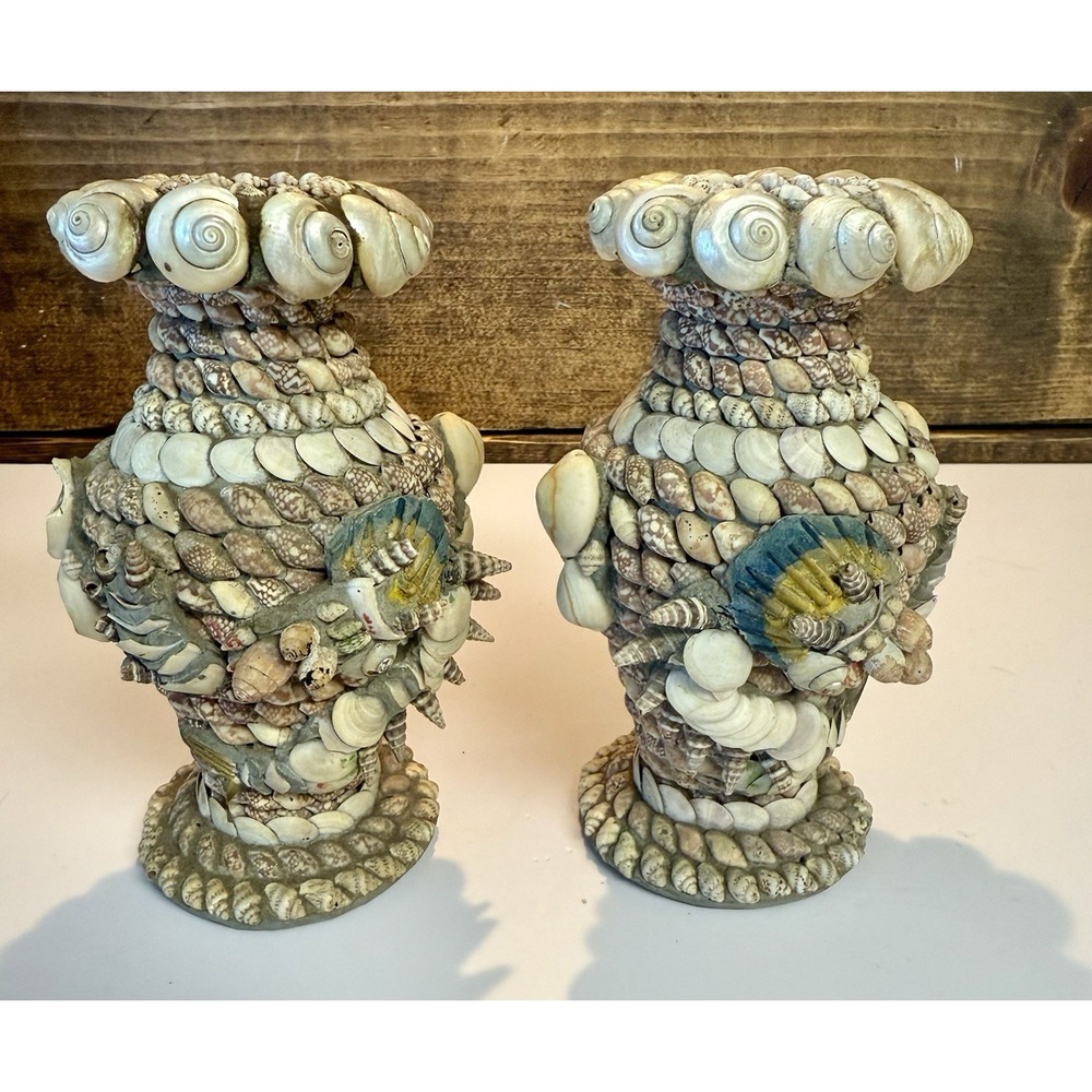 Vintage Shell Dragon Folk Art Vases Pair w/ Mosaic Tiles – Mid Century Asian‎